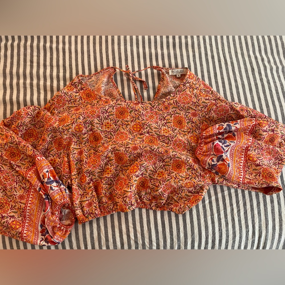 Slightly Cropped Bohemian Colorful Bubble Sleeved Top